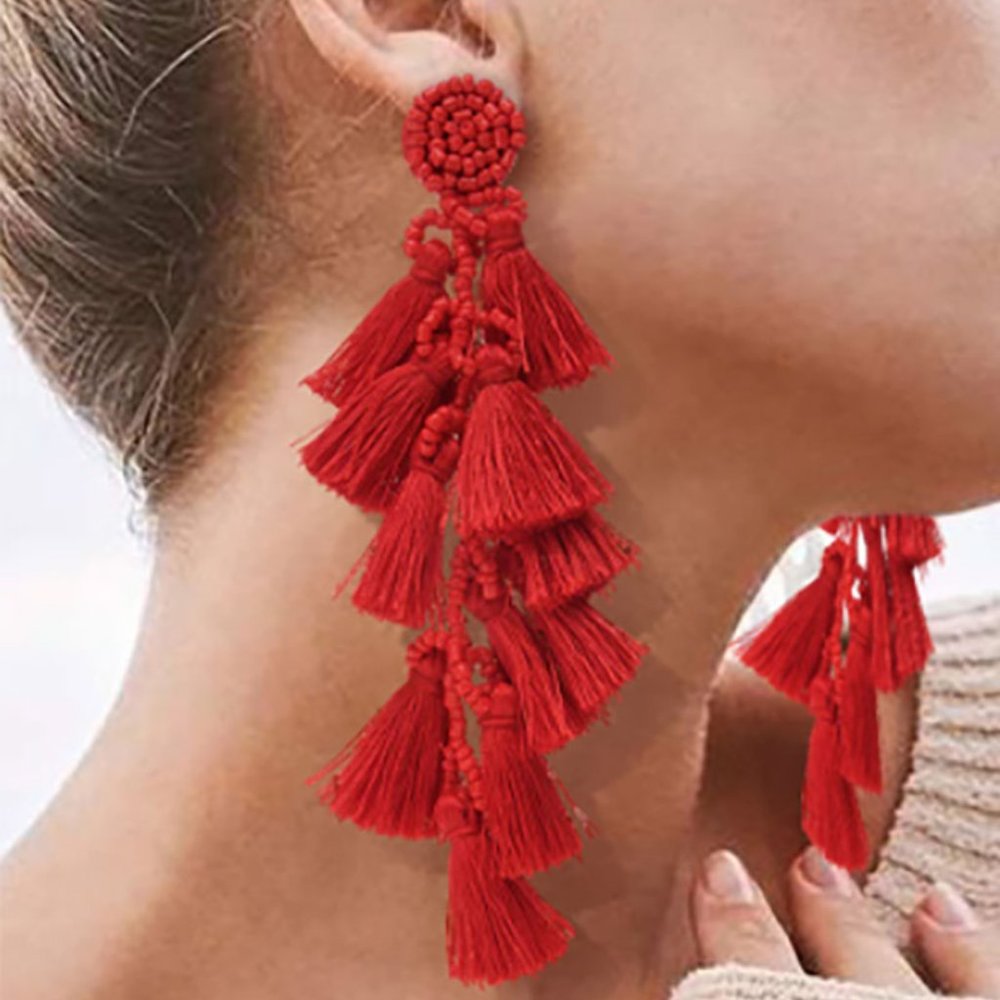 Long Red Tassel Earrings